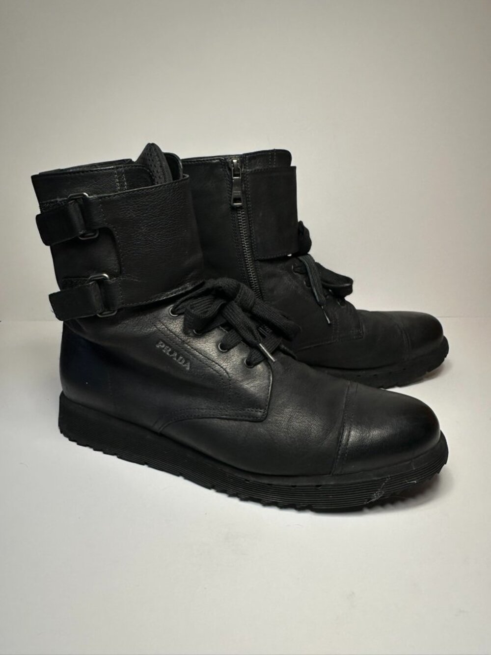 PRADA Mens Black Leather Ankle Combat Boots